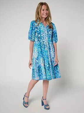 Susan Graver Printed St. Tropez Button Front Dress-Ocean/Teal-XL-NEW-A696241